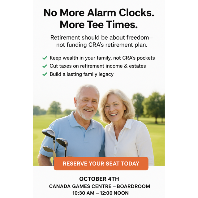 No More Alarm Clocks. More Tee Times. Retirement seminar promotional graphic